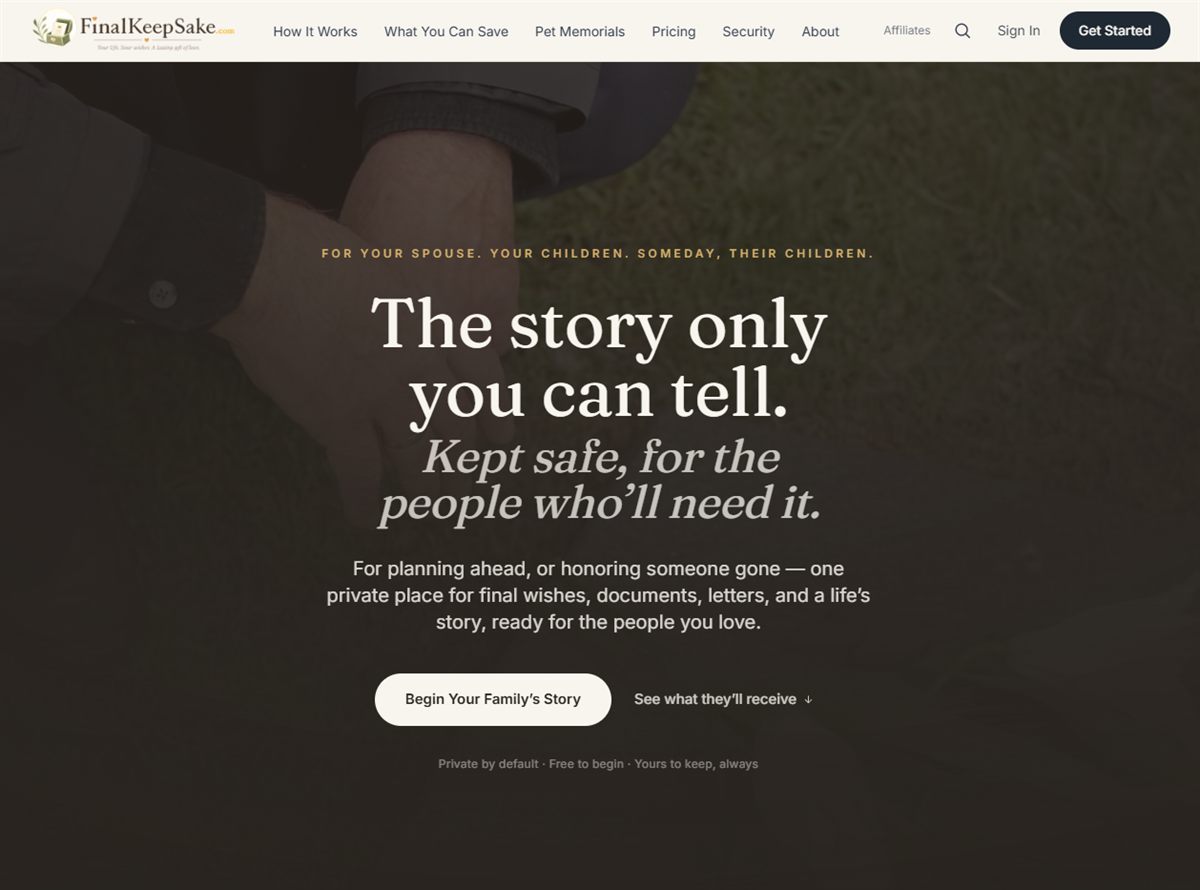 Screenshot of the FinalKeepSake website home page
