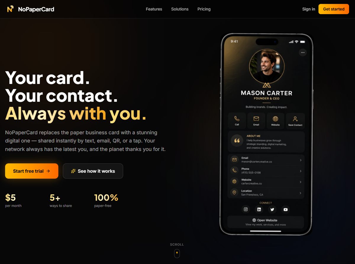 Screenshot of the NoPaperCard website home page