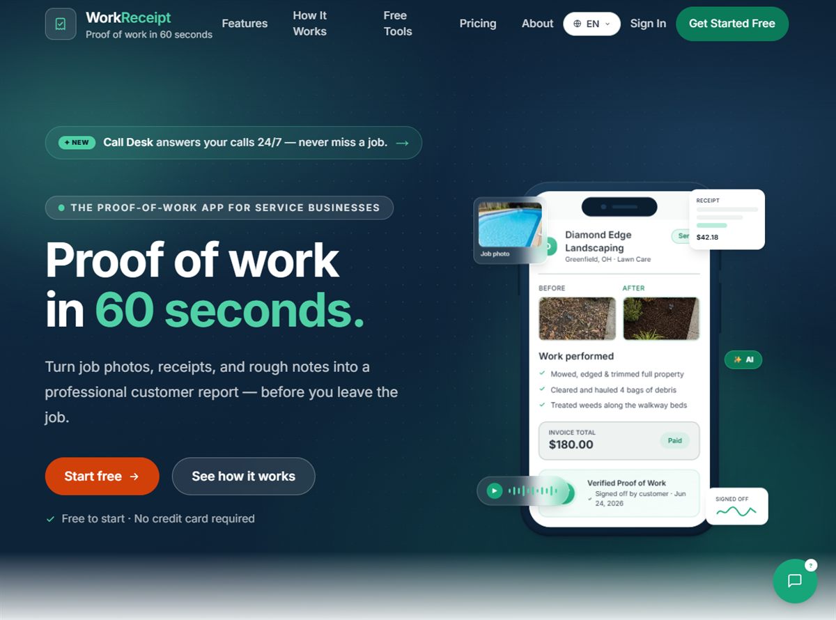 Screenshot of the WorkReceipt website home page